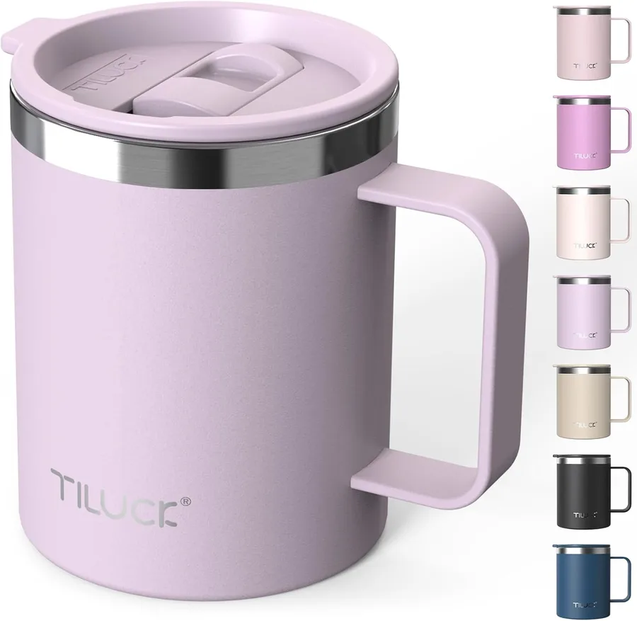 TILUCK 12 oz Insulated Coffee Mug with Handle — Light Purple